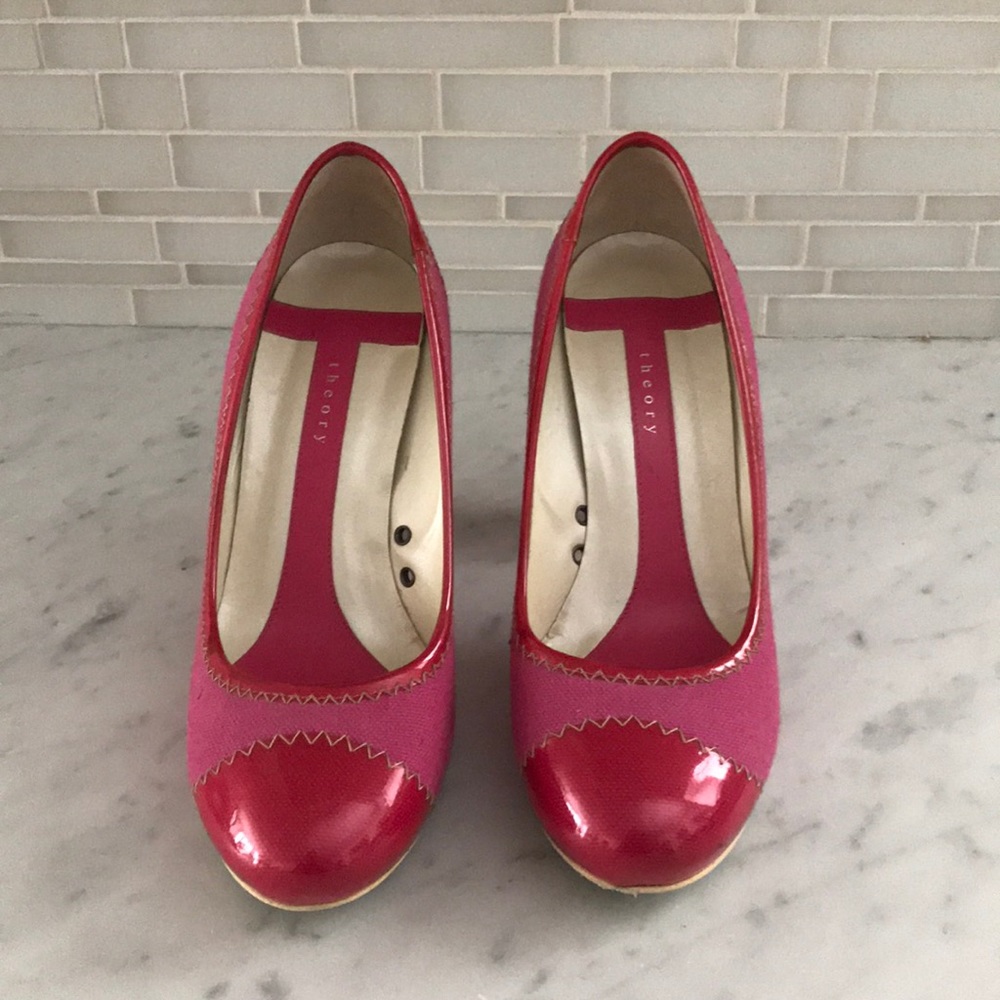 Theory Pink Patent & Canvas Heels